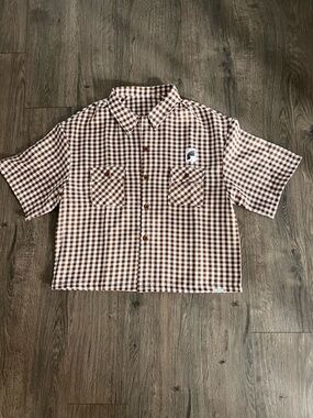 Sumwon Youth Large Brown Gingham Button Up Shirt Short Sleeve Streetwear